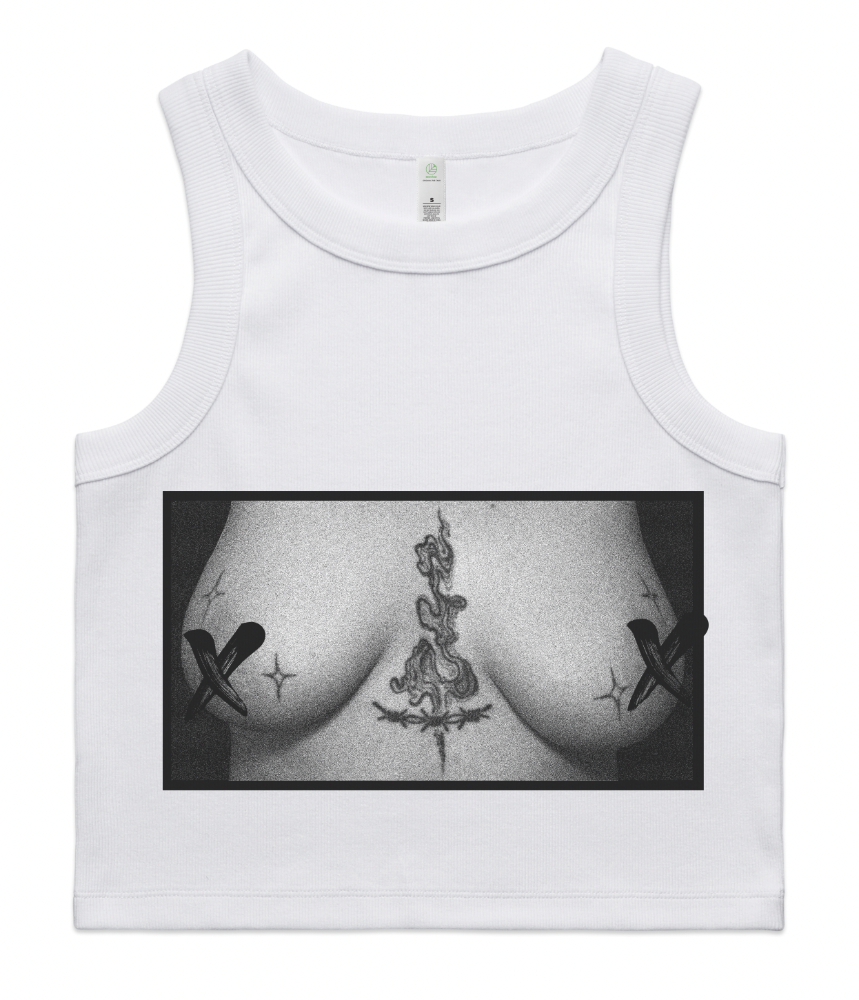 White cropped vest top, featuring a black and white titty print across the chest. The titties have sparkle tattoo's around the nipples and barbwire across the sternum. 